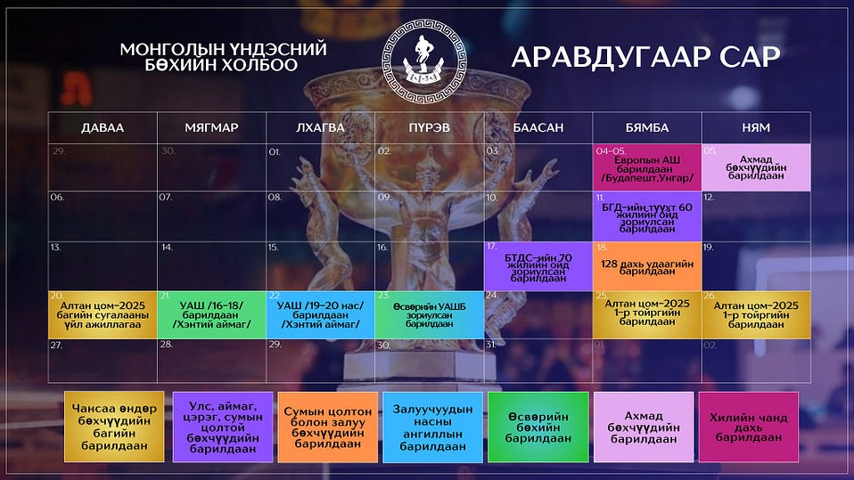 Аравдугаар сарын үндэсний бөхийн барилдааны хуваарь