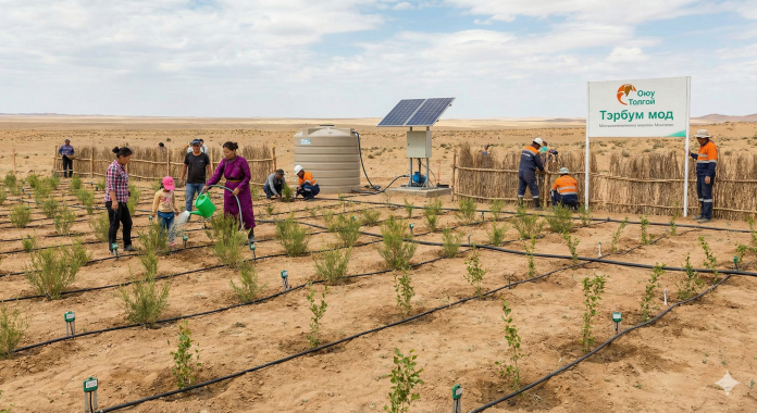 “Оюу толгой” компанийн “Тэрбум мод” төслийн хүрээнд говийн бүсэд нутгийн иргэдтэй хамтран мод тарьж буй үйл явц.