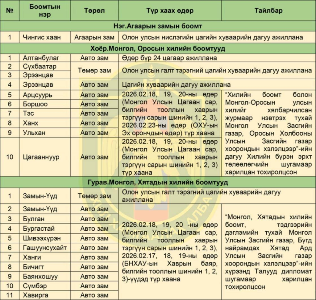 Хилийн боомтуудын 2026 оны 2-р сарын ажиллах хуваарь