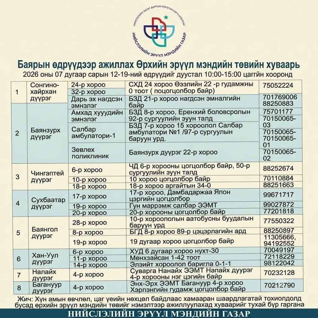Баярын өдрүүдэд ажиллах эрүүл мэндийн байгууллага, ӨЭМТ-үүдийн цагийн хуваарь
